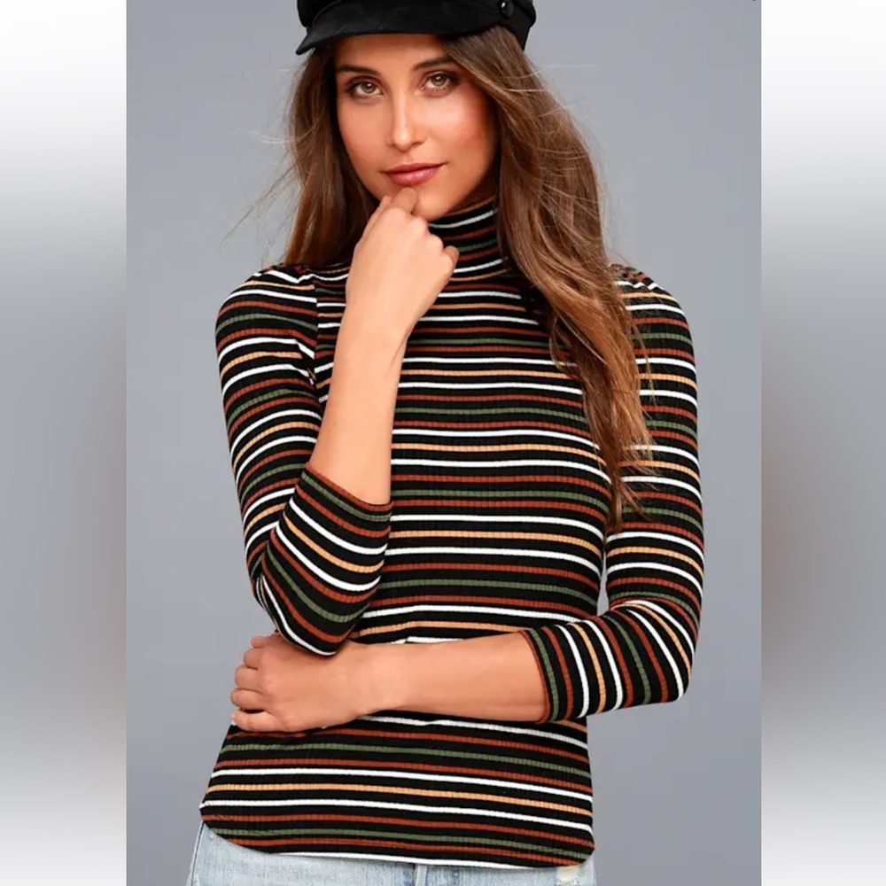 Free People I'm Cute Black Striped Turtleneck Top, S
